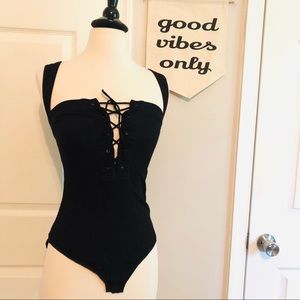 Free People Black Lace-Up Bodysuit - Size XS